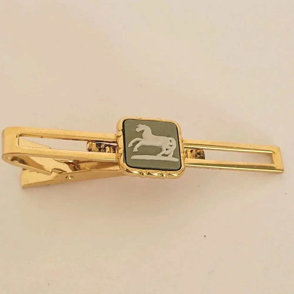 Wedgwood Gold Green Tone‎ Tie Bar Clip with Jasper Horse Cameo Vintage Retro